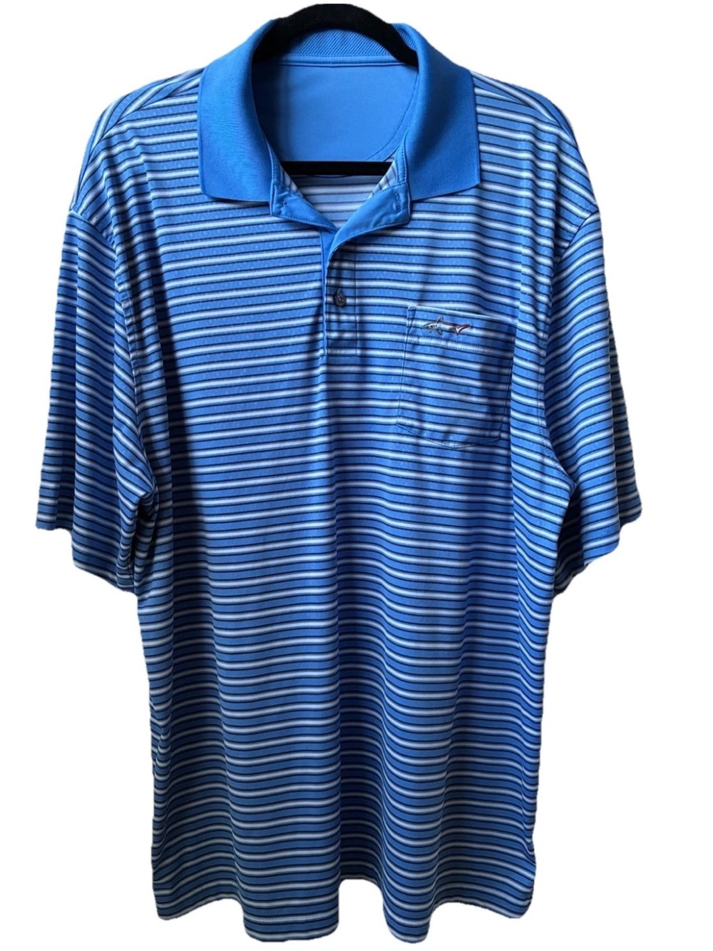 Greg Norman shark golf Blue white Striped collared Polo Shirt men’s XL preppy